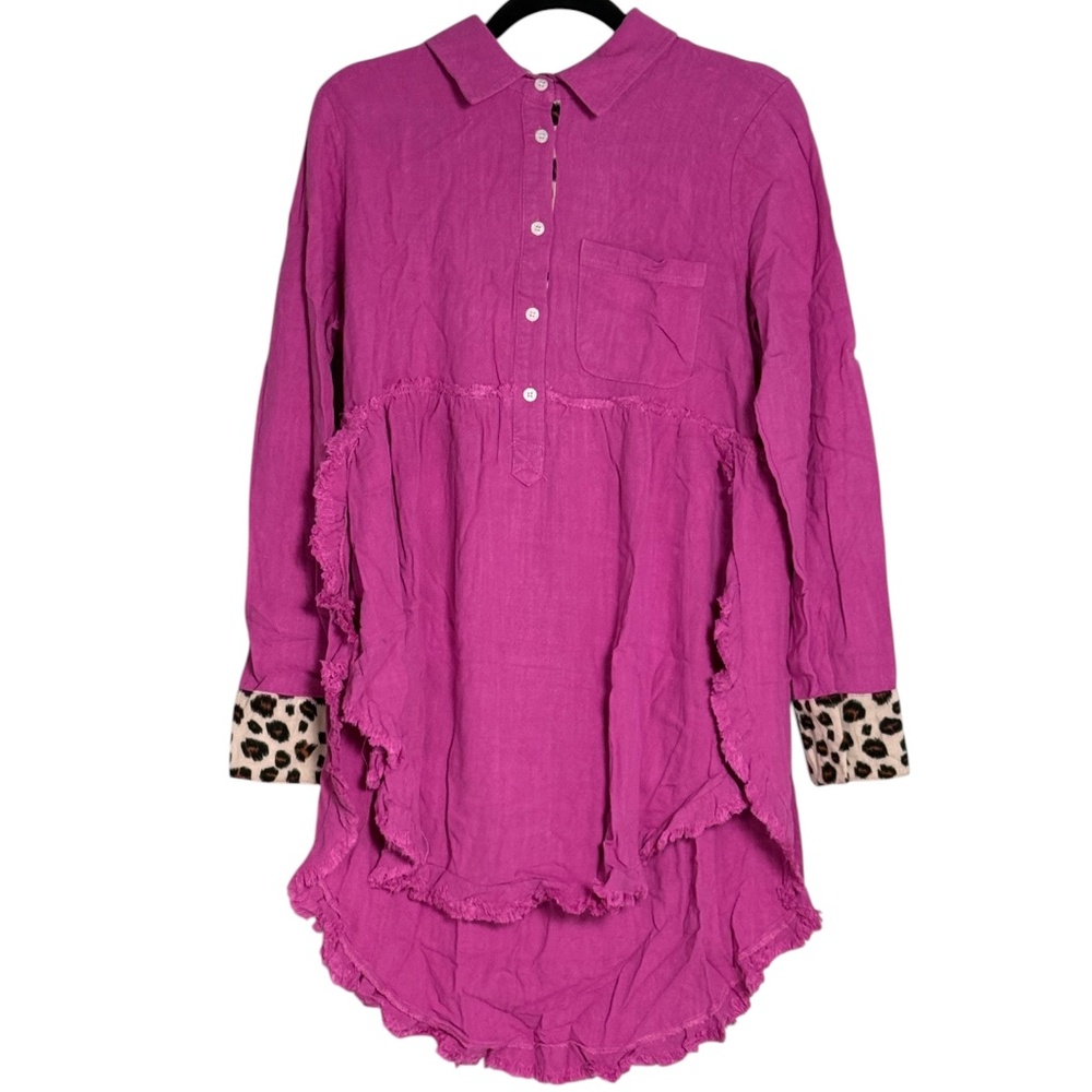 Umgee Mulberry Leopard Trim Tunic Top NWT Hi Low Boho Blouse - Picture 4 of 6